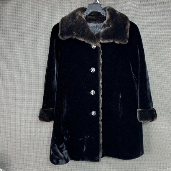 Vintage Sportowne Faux Fur Black Coat With Brown Trim Button Up Ultra-Seal - Picture 1 of 10